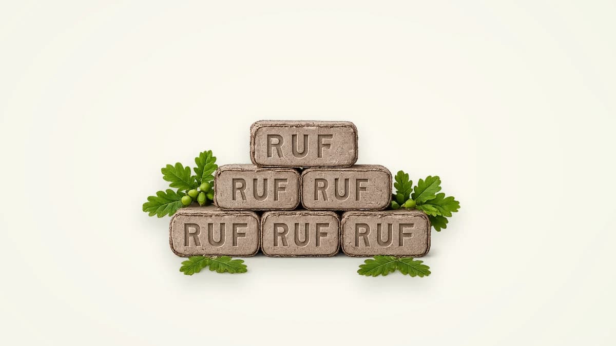 RUF oak fuel briquettes with bark and oak leaves